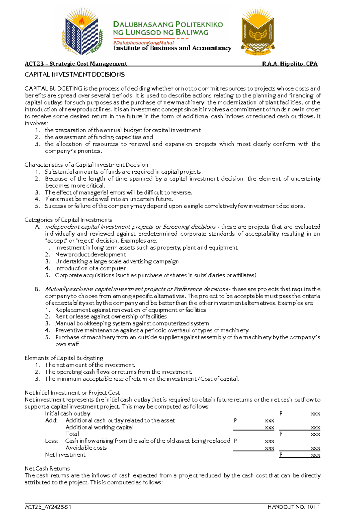 ACT23 Strategic Cost Management: Capital Investment Decisions ...