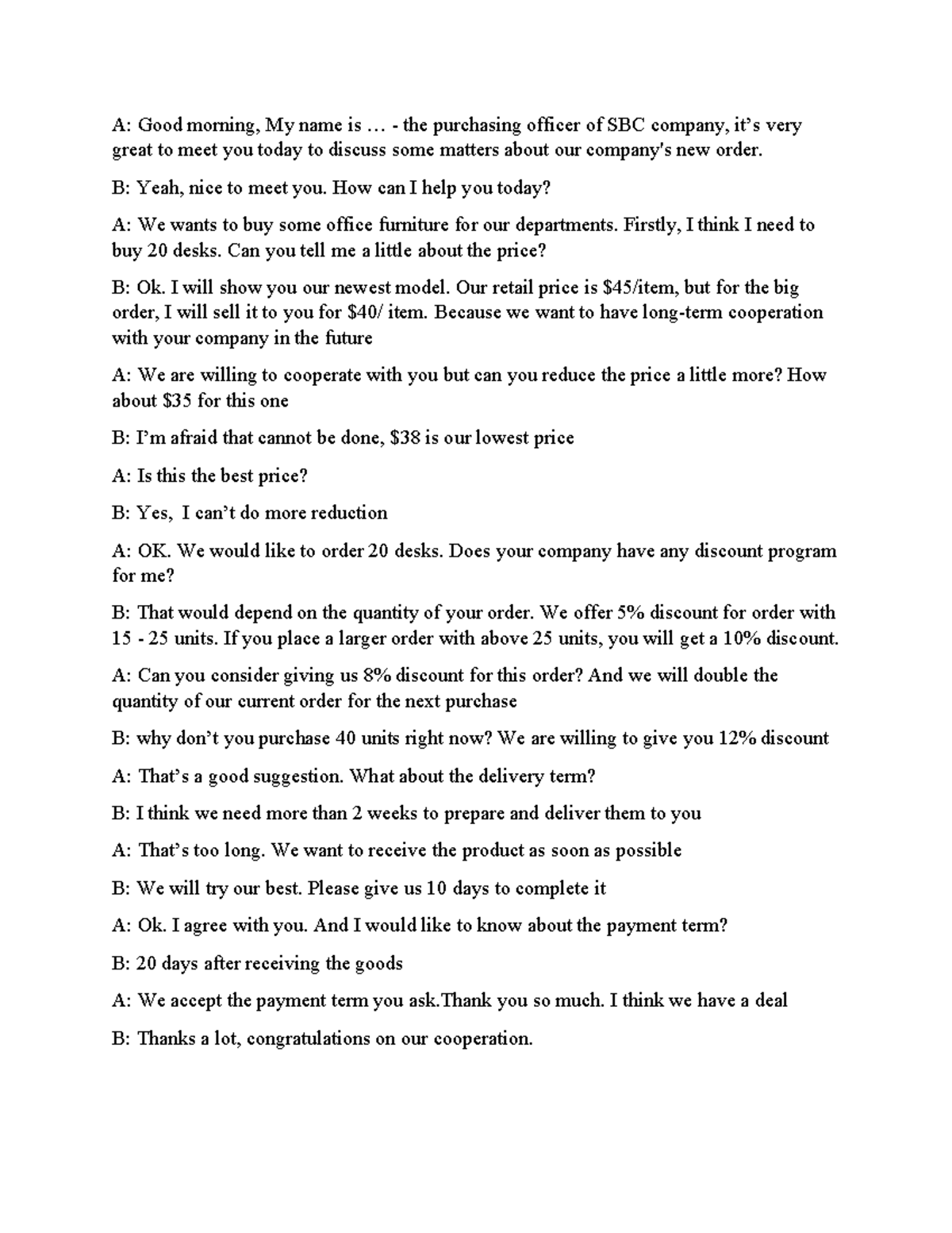 Unit 6 Speaking Practice: Business Negotiation Conversation - Studocu