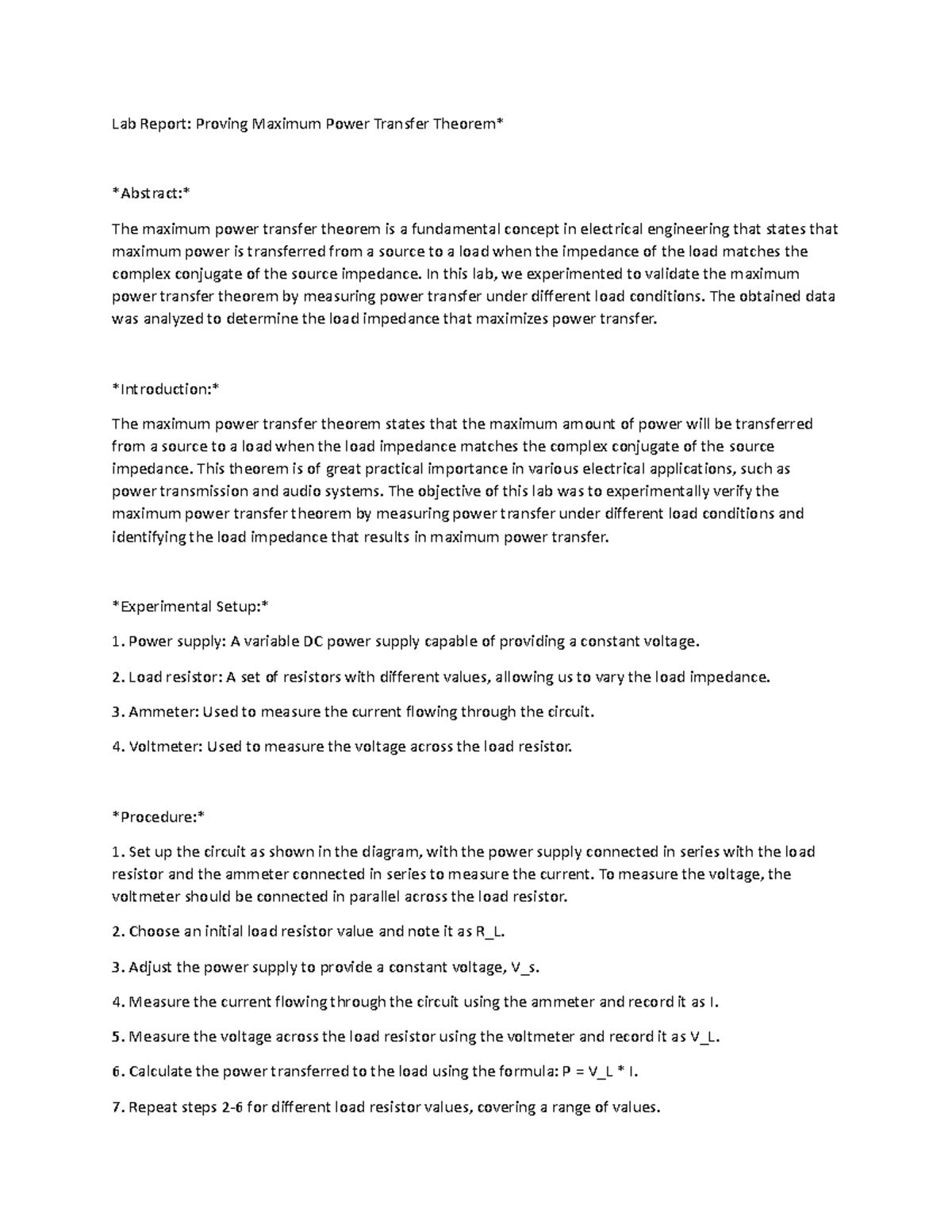 Lab Report: Verification of Maximum Power Transfer Theorem - Studocu