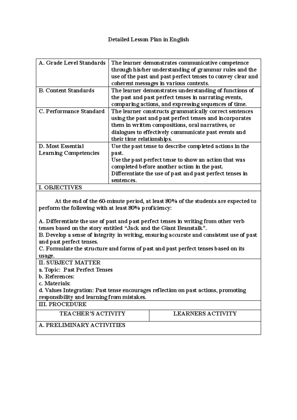 English LP - unfinished lesson plan - Detailed Lesson Plan in English A ...