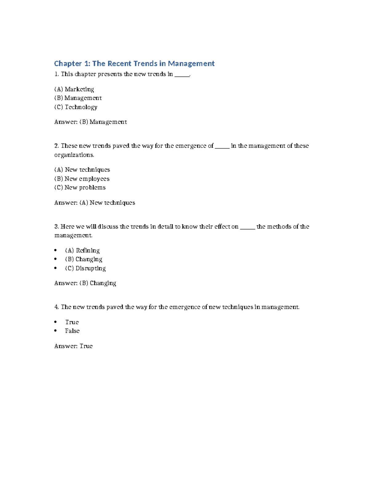 Chapter 1 Questions - Recent Trends in Management (MGT101) - Studocu