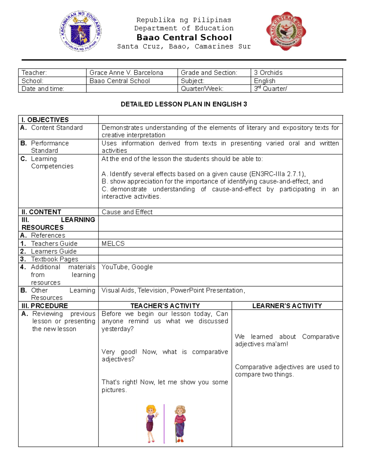 DLP EN3 Cause and Effect Lesson Plan for Grade 3 Students - Studocu