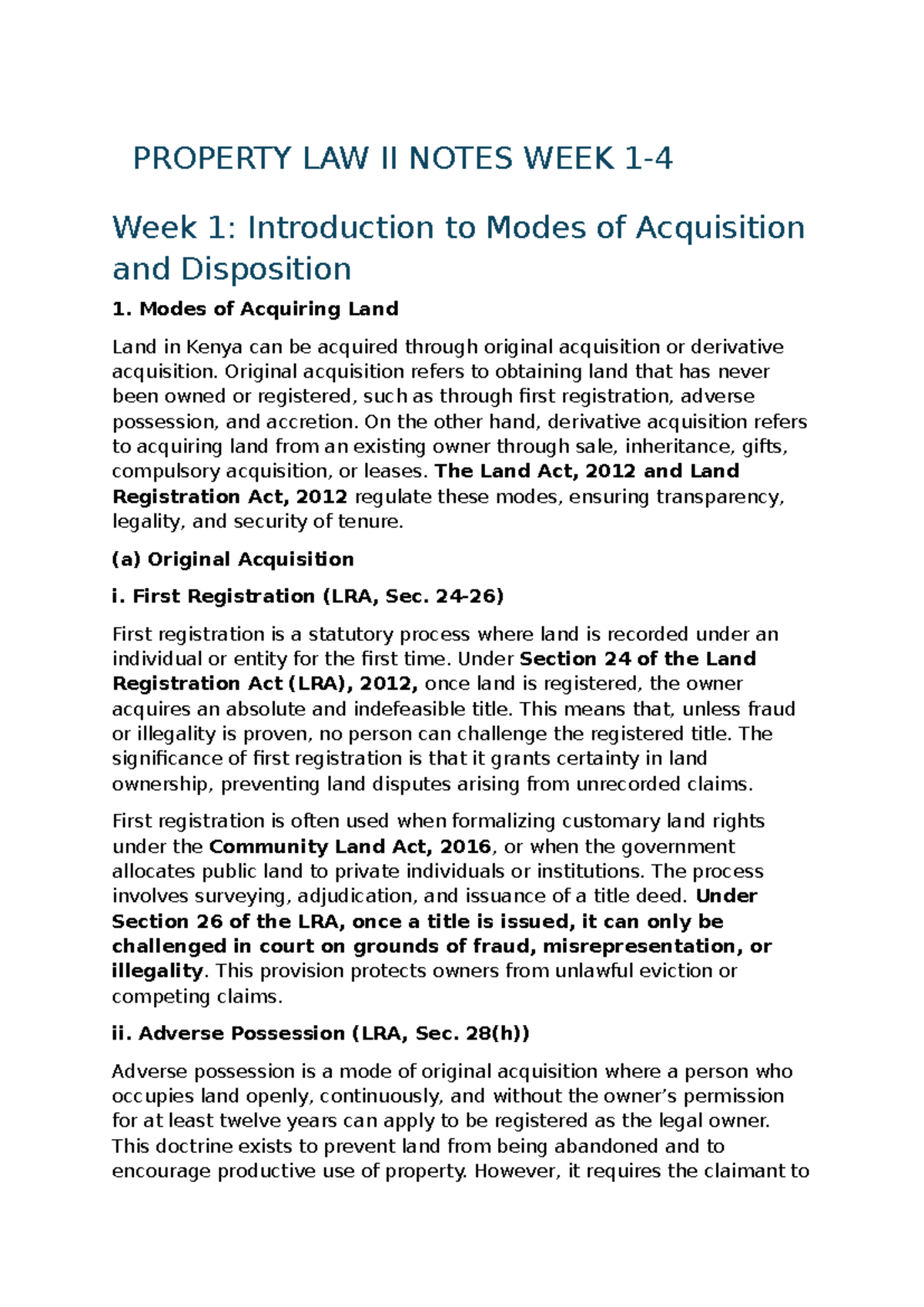 Property LAW II Notes: Weeks 1 to 4 Overview and Key Concepts - Studocu