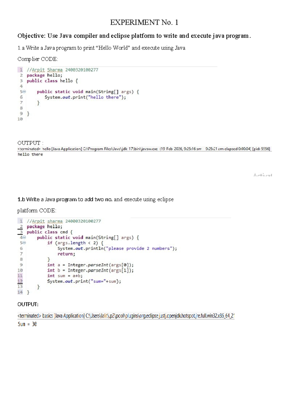 Java Experiment 1: Using Java Compiler and Eclipse for Simple Programs ...