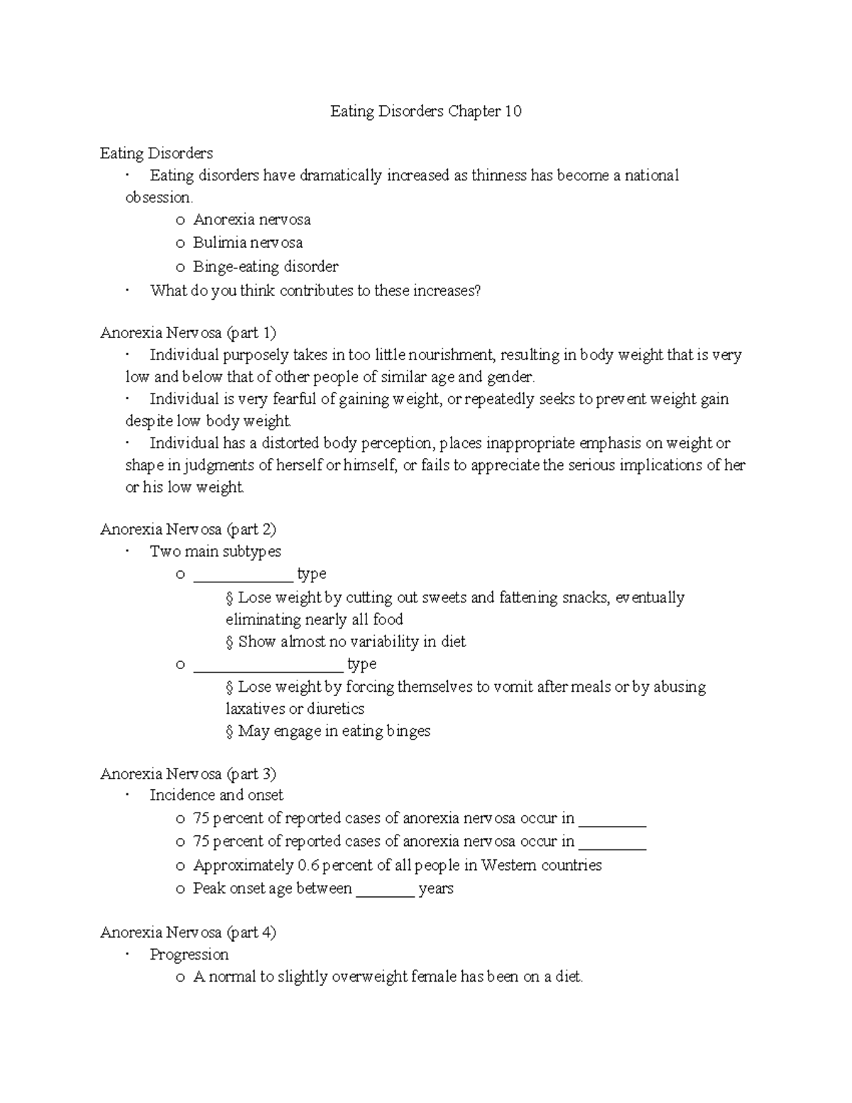 Eating Disorders Chapter 10 Notes and Vocabulary - Eating Disorders ...