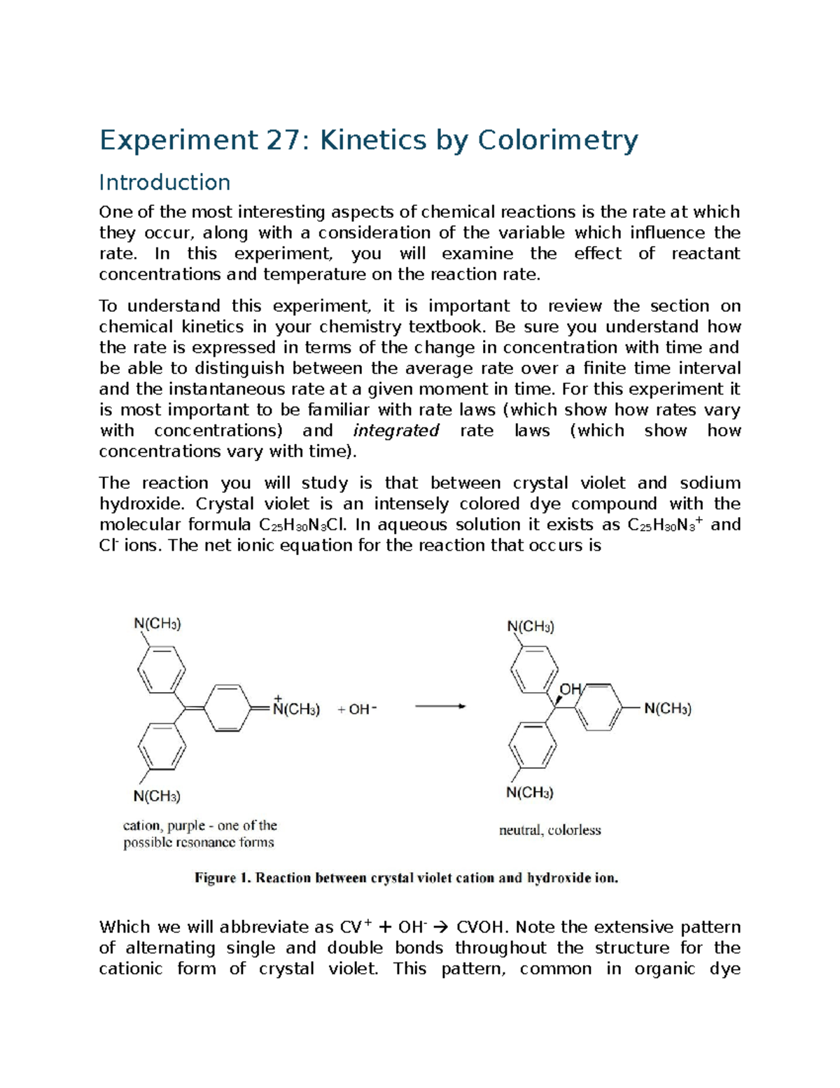 Experiment 27: Kinetics of Crystal Violet Colorimetry Analysis - Studocu