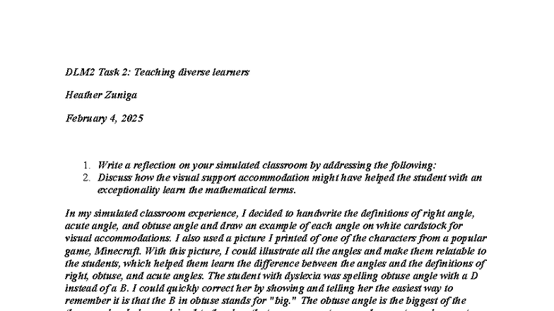 DLM2 Task 2: Reflection on Teaching Diverse Learners - Studocu