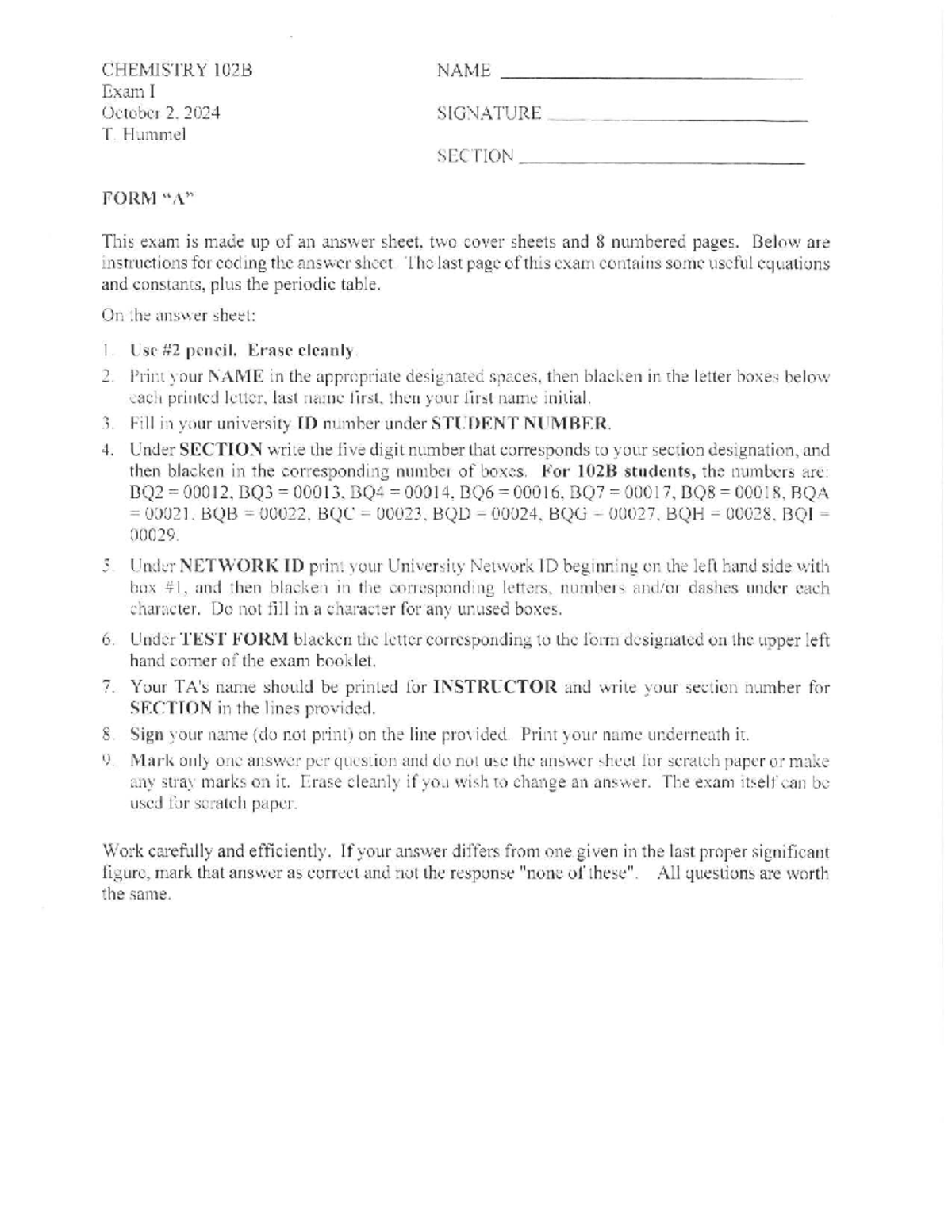 CHEMISTRY 102B Fall 2024 Exam I Instructions and Questions - Studocu