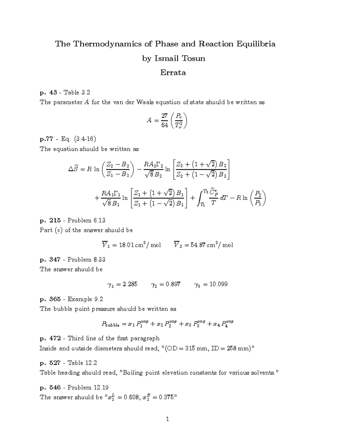 Errata for The Thermodynamics of Phase and Reaction Equilibria - Studocu