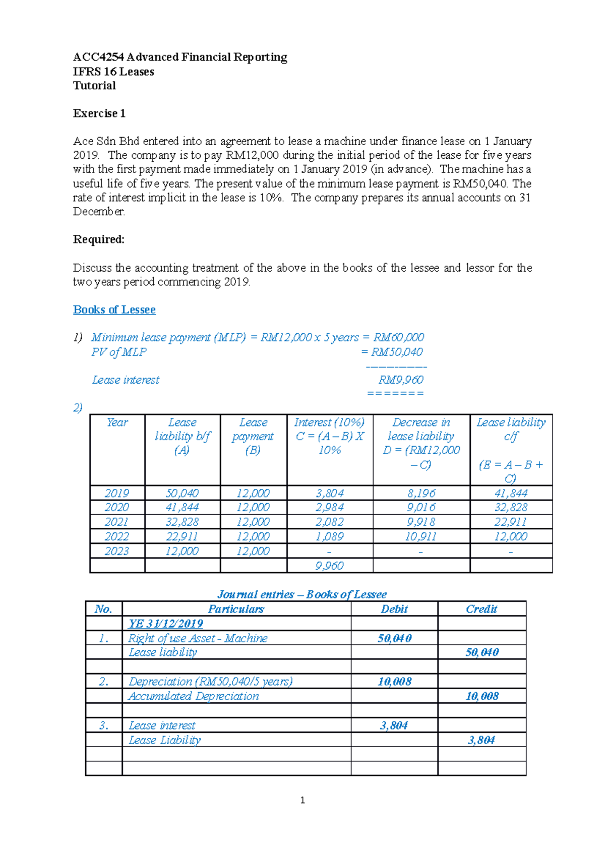 IFRS 16 Leases - Tutorial Exercises & Detailed Solutions (Financial ...