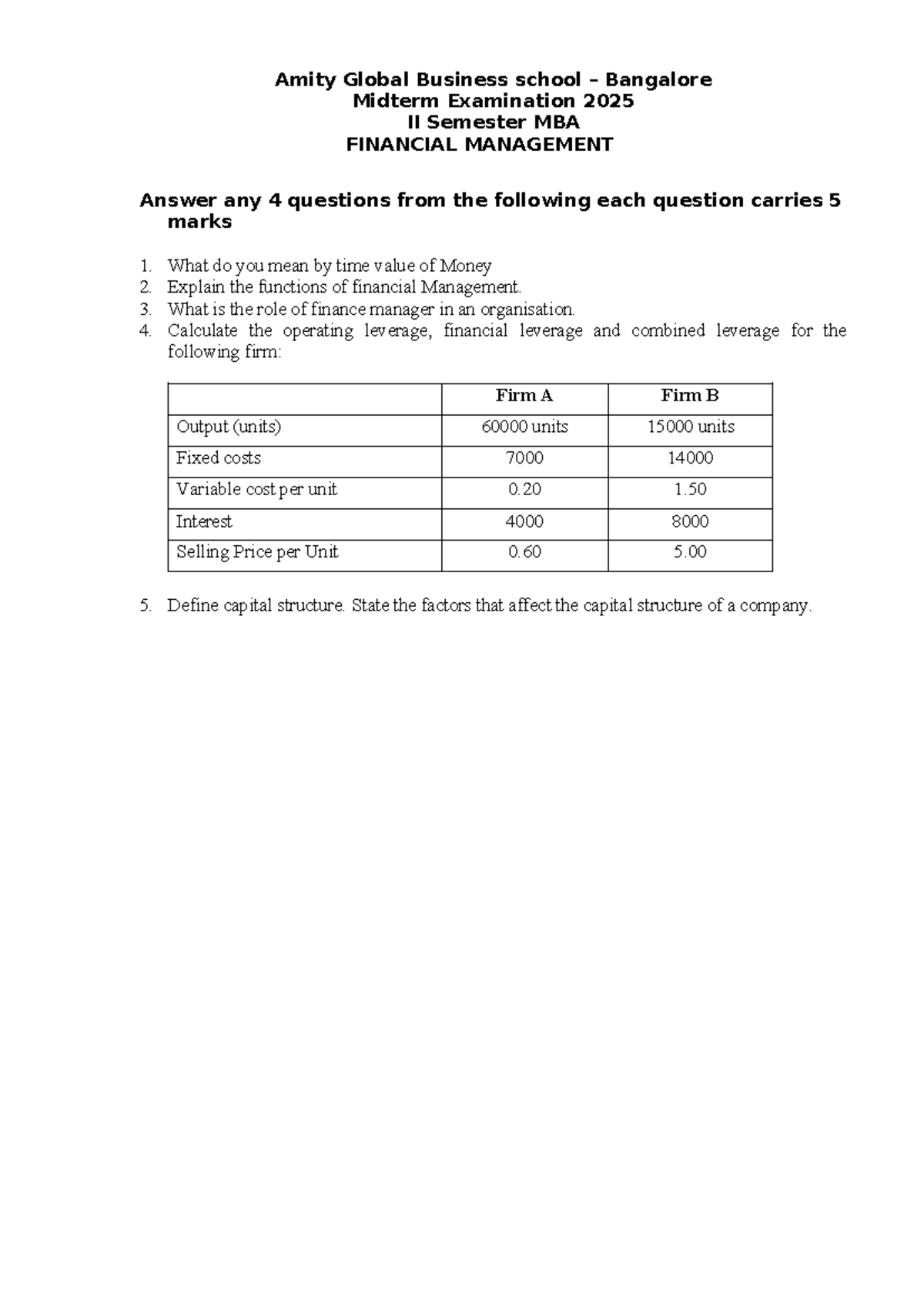 II Sem MBA FIN - Financial Management Midterm Exam 2025 - Studocu