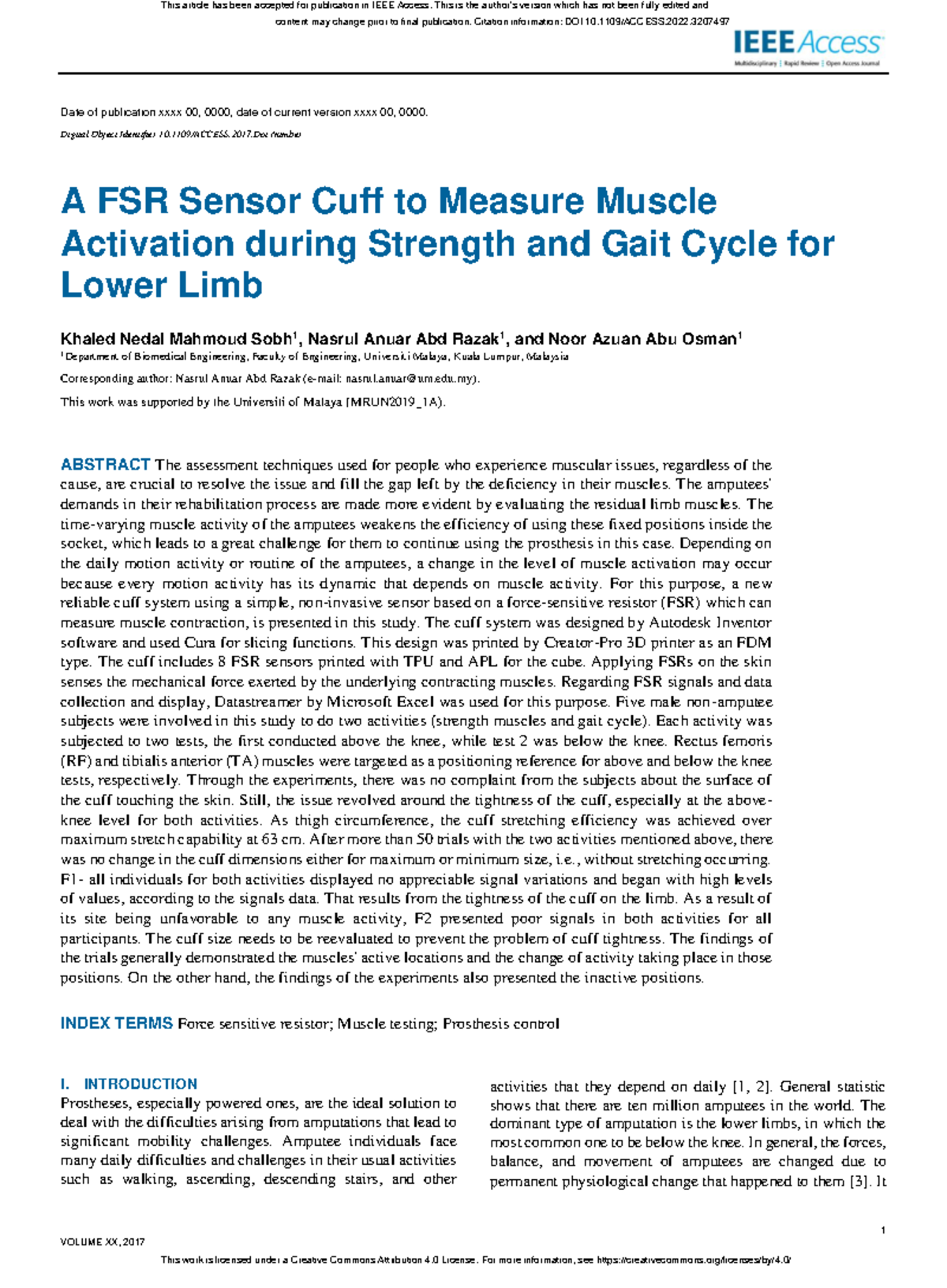A FSR Sensor Cuff to Measure Muscle Activation dur - 1 VOLUME XX, 2017 ...