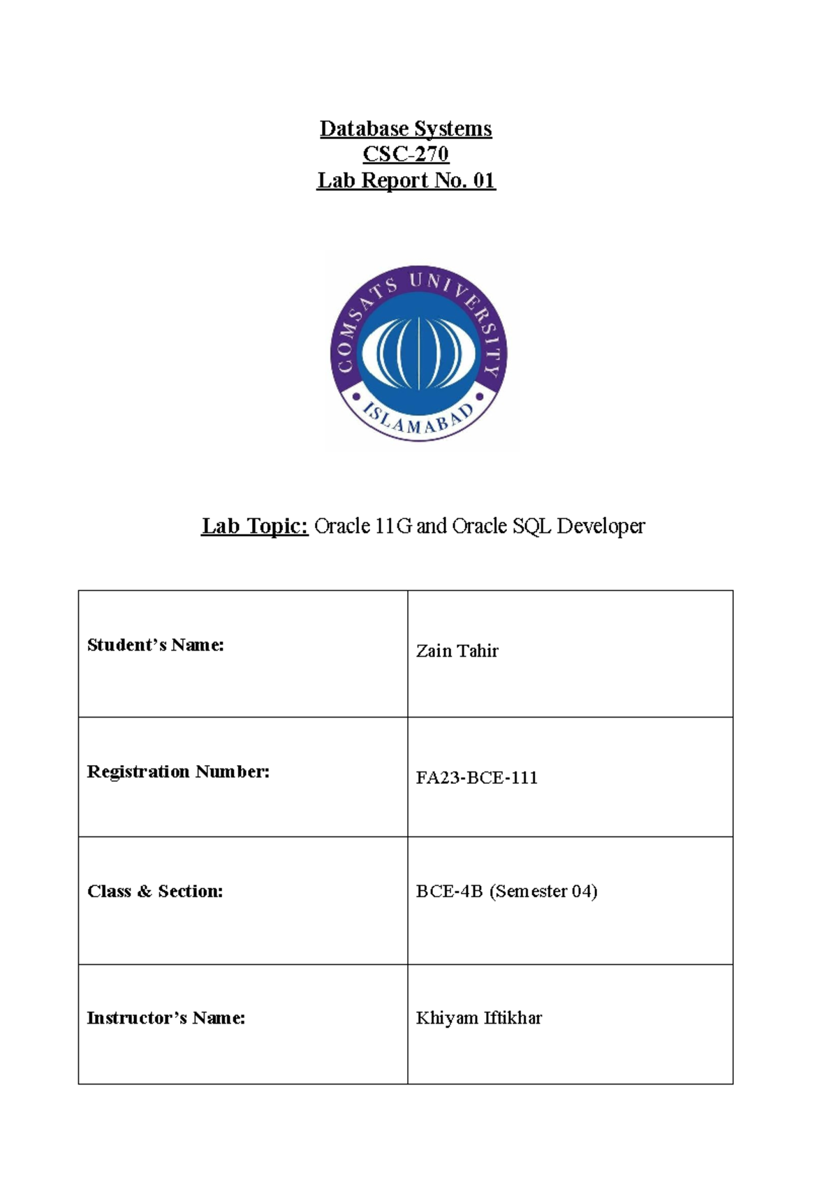 DS 04 Lab Report 01: Oracle 11G & SQL Developer Activities - Studocu image.