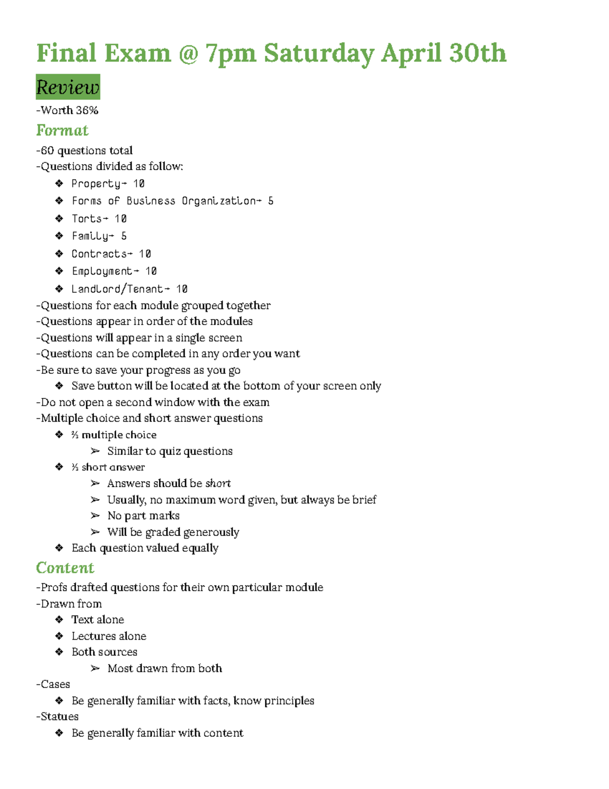 Final Exam Review - Review -Worth 36% Format -60 questions total ...
