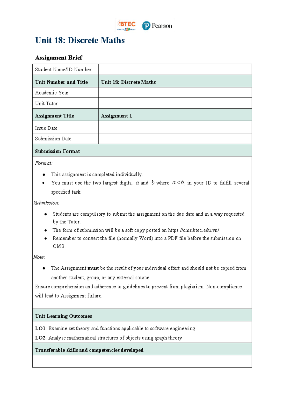 Assignment 1 - Unit 18: Discrete Maths Overview and Activities - Studocu