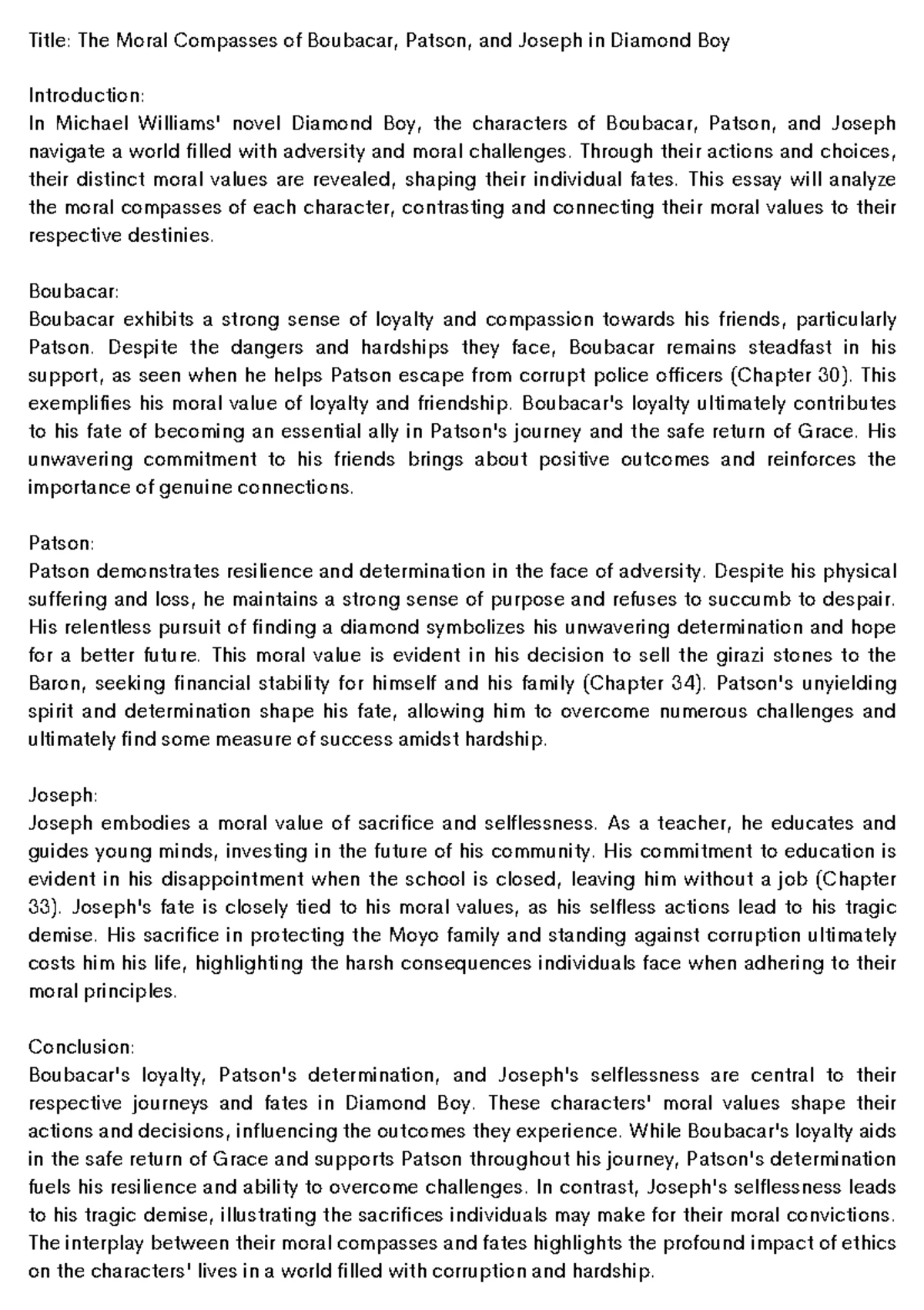Moral Values of Boubacar, Patson, & Joseph in Diamond Boy Essay - Studocu