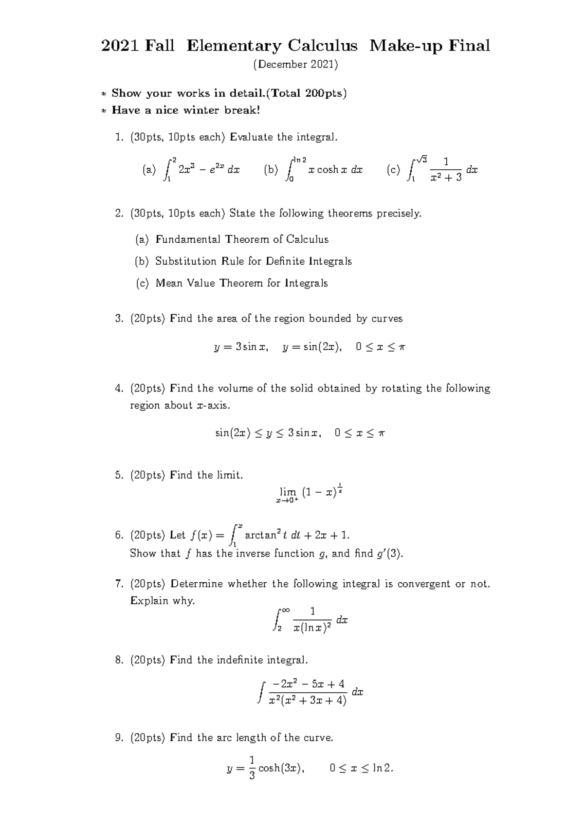 2021 Fall Elementary Calculus Make-up Final Exam Review Notes - Studocu