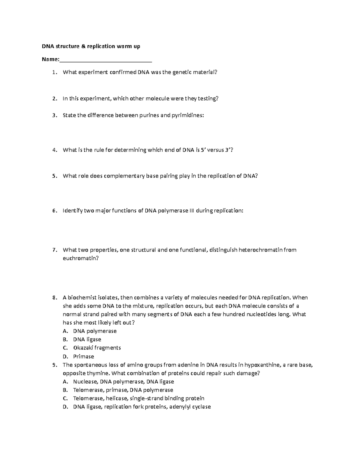 DNA Structure & Replication Warm-Up Questions for Review - Studocu