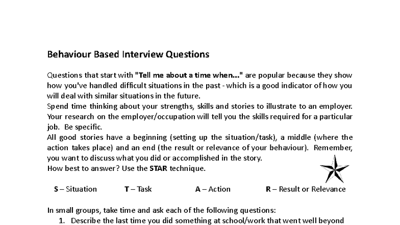 Behaviour Based Interview Questions: Mastering the STAR Technique - Studocu