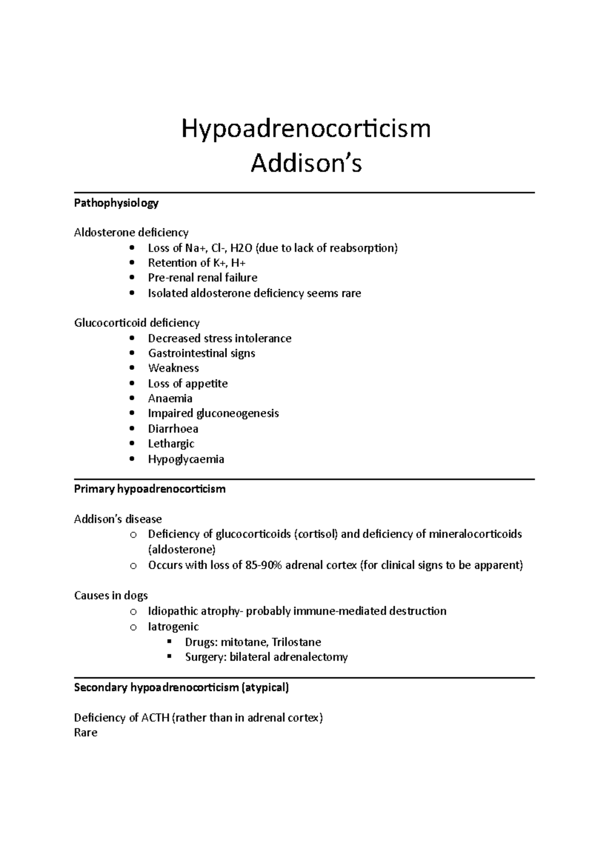 Hypoadrenocorticism (Addison's Disease) Summary Notes for Studying ...