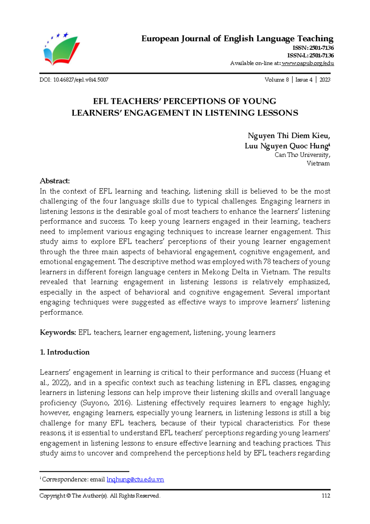 EFL Young Learners' Engagement in Listening Lessons: Insights ...