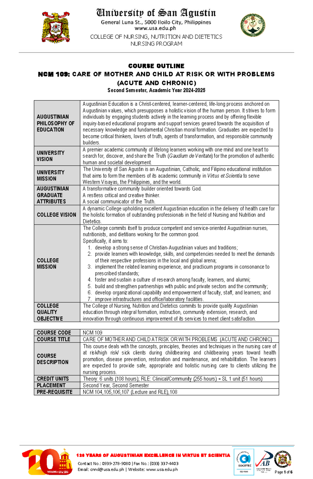 NCM 109 Course Outline: Care of Mother & Child at Risk (2024-2025 ...