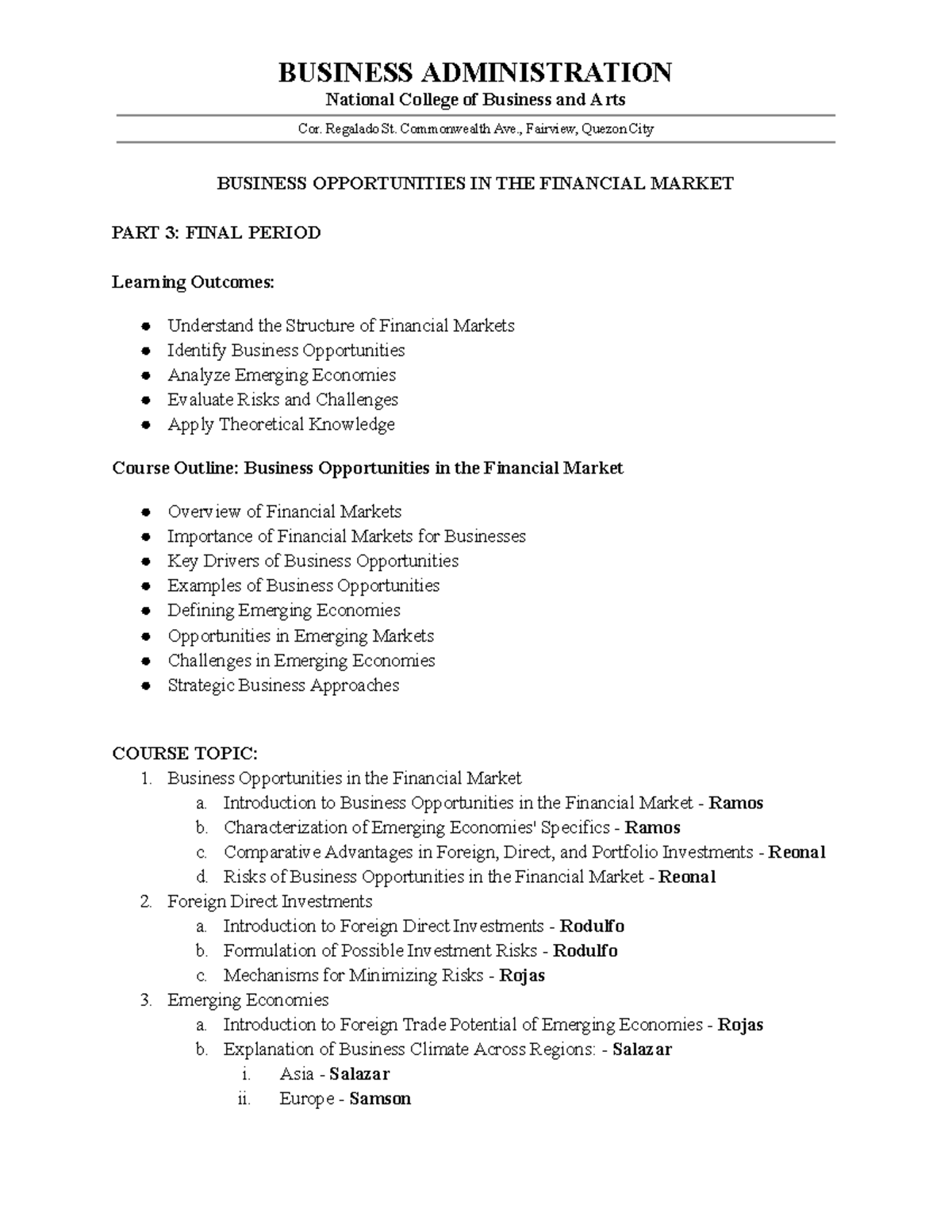 BUS 101: Final Exam Notes on Business Opportunities in Financial ...