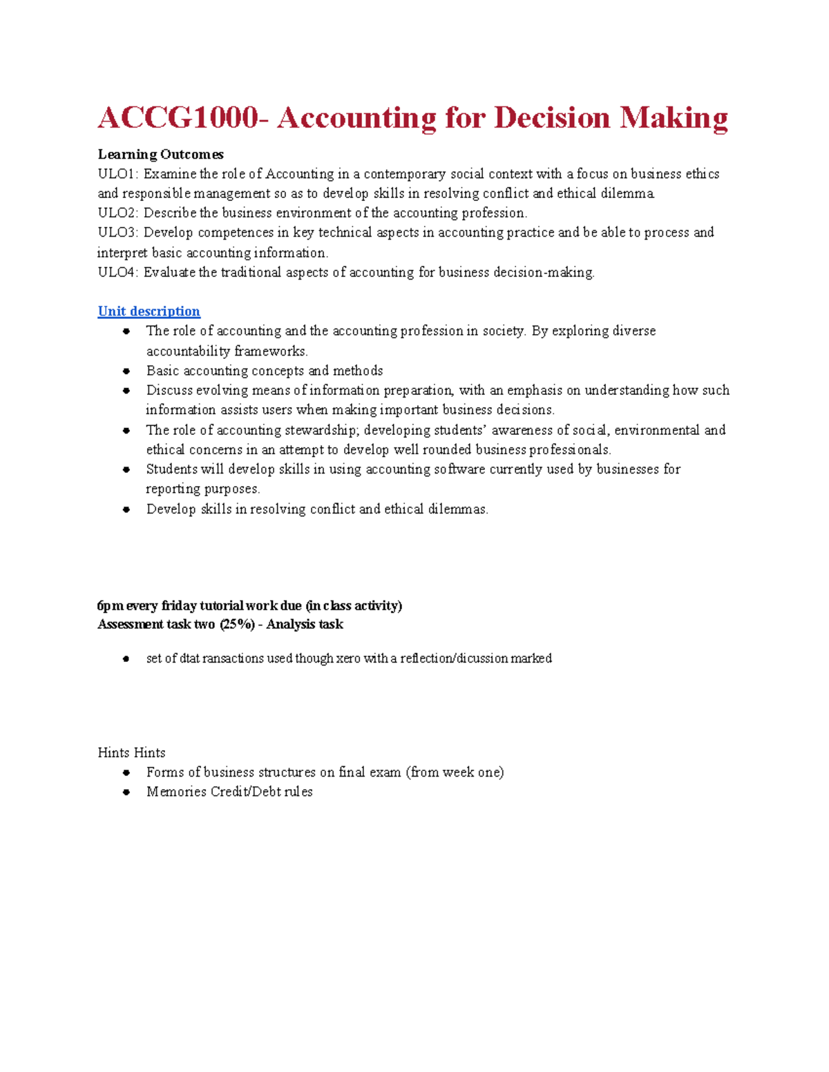 ACCG1000 Lecture Notes: Accounting for Decision Making Overview - Studocu