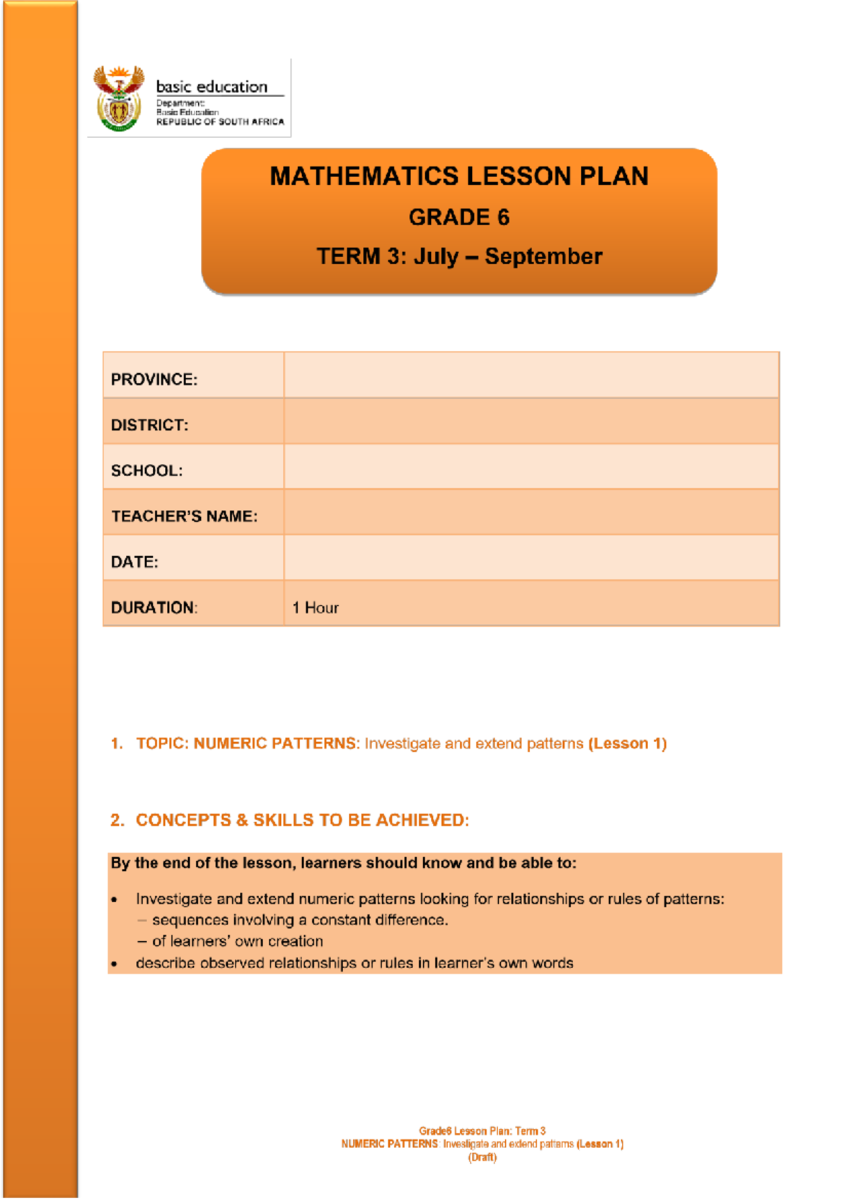 Grade 6 Term 3 Lesson Plan: Numeric Patterns (Lesson 1) - Studocu