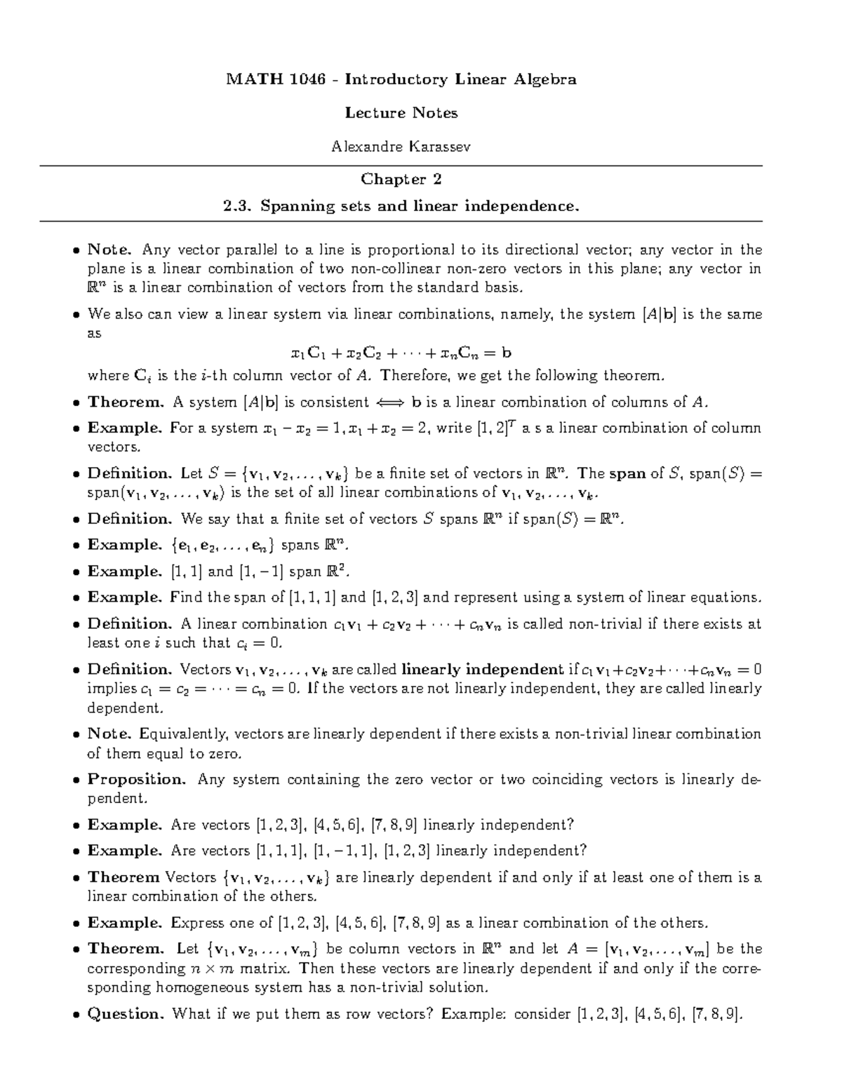 MATH 1046 Lecture Notes: Spanning Sets & Linear Independence - Studocu