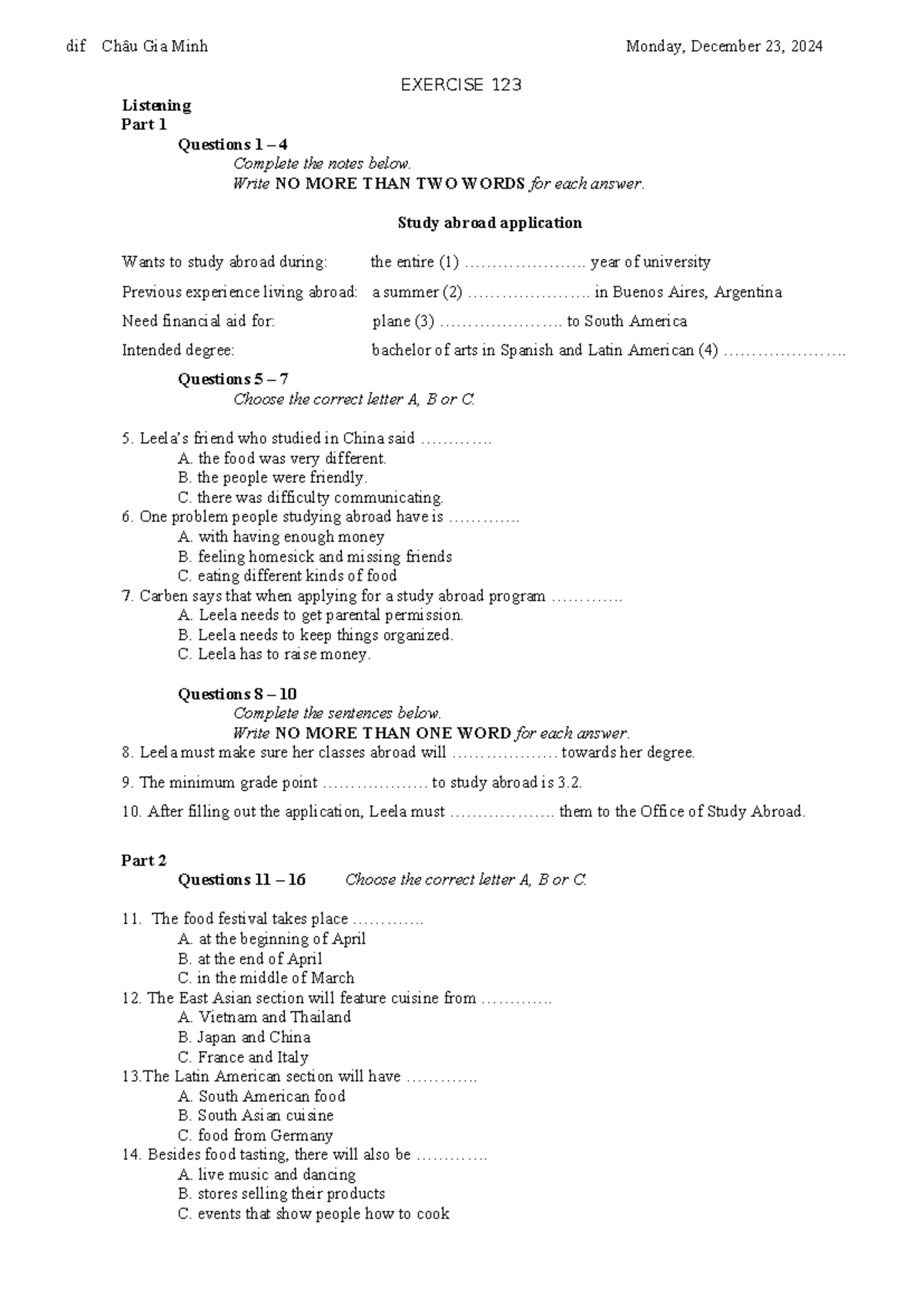 Ex-123 - Lll - dif Châu Gia Minh Monday, December 23, 2024 EXERCISE 123 ...