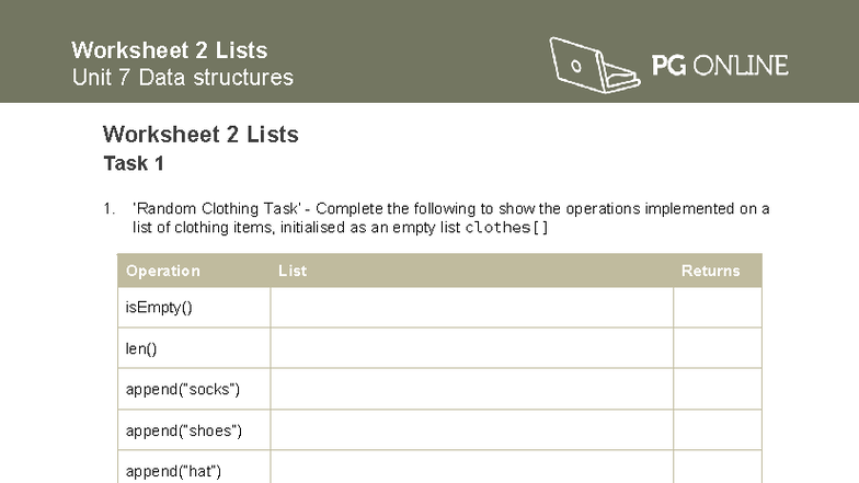Data Structures Unit 7: Worksheet 2 on Lists and Operations - Studocu