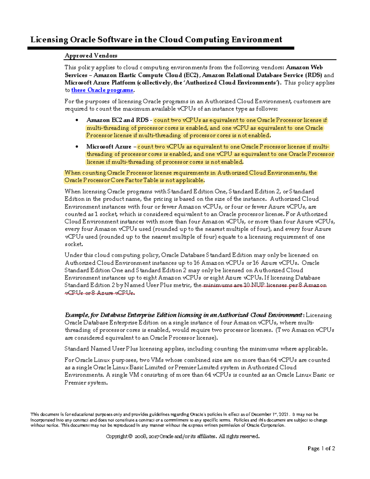 Cloud Licensing Policy for Oracle Software in AWS & Azure (Dec 2021 ...