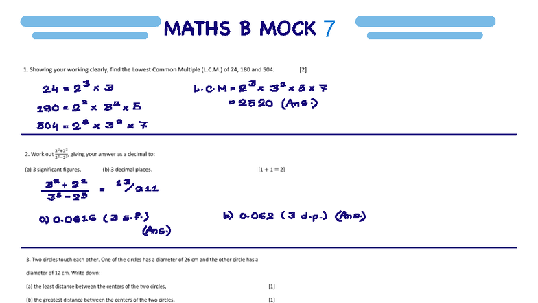 MATHS B MOCK 1: L.C.M., Factorization, and Geometry Problems - Studocu