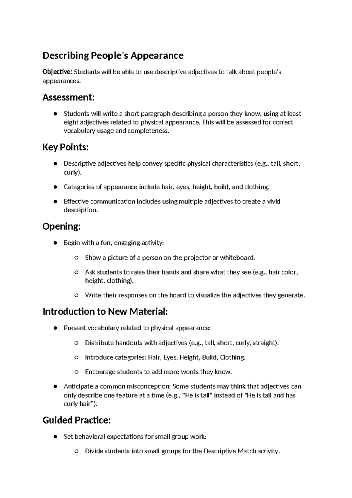 5th Grade Lesson Plan on Appearance - Describing People's Appearance ...