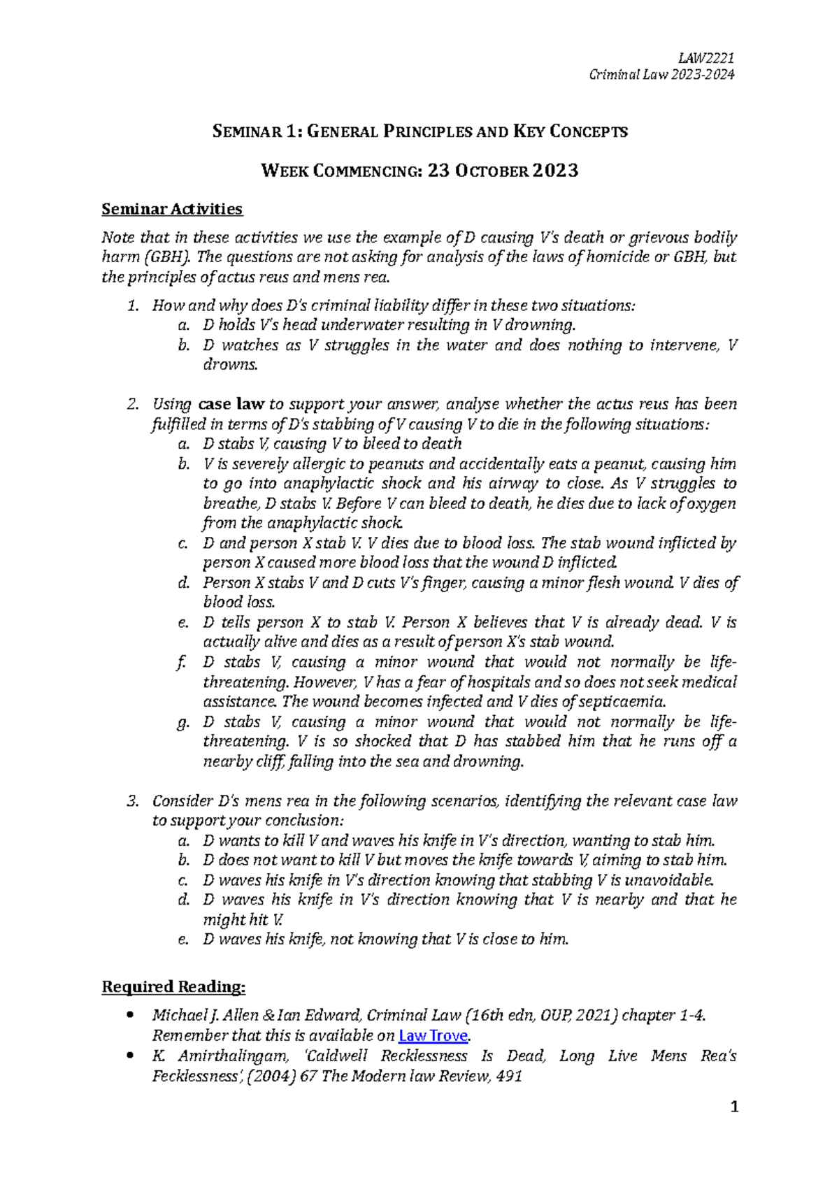 Seminar 1 General Principles and Key Concepts - LAW Criminal Law 2023 ...