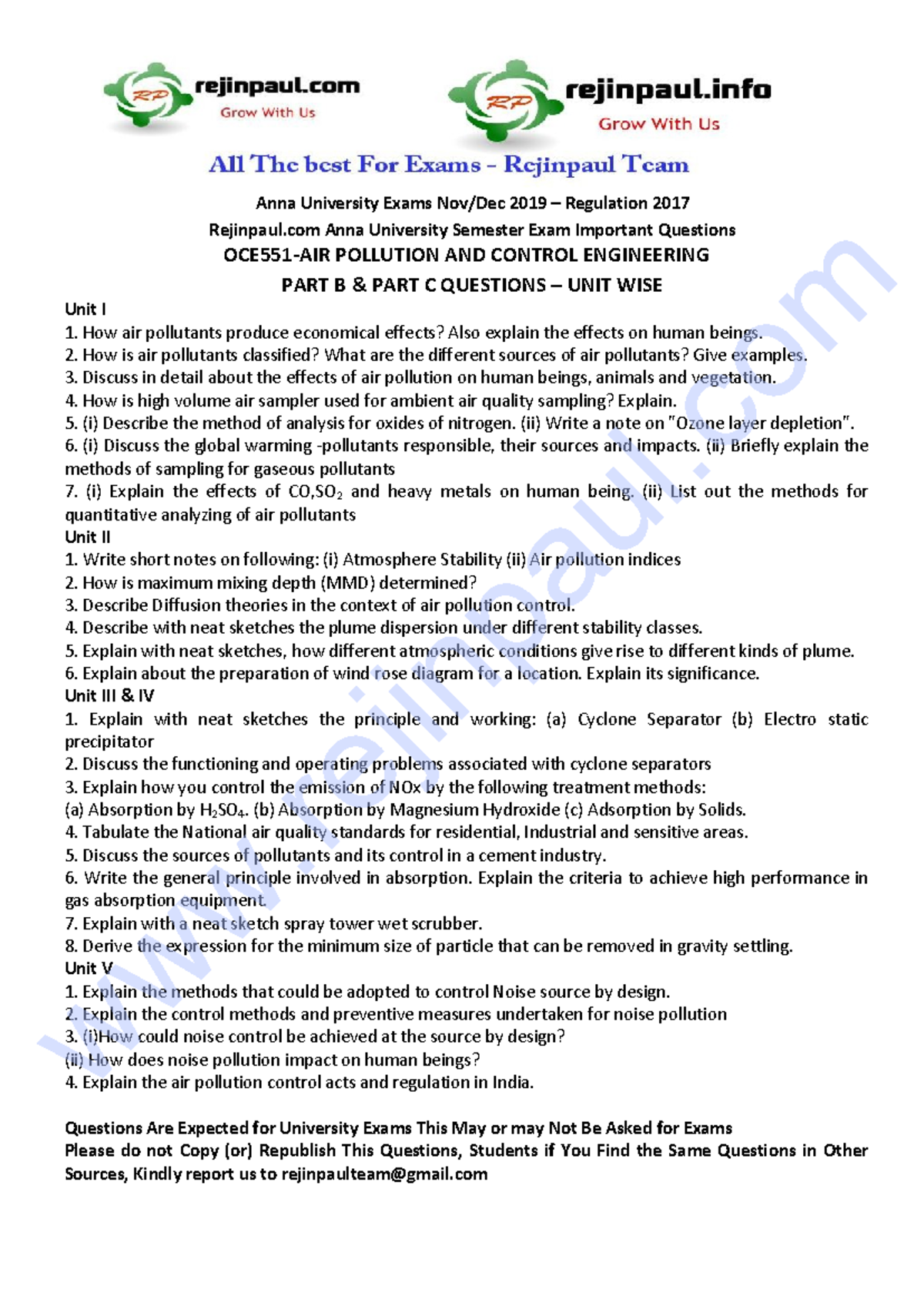 O CE 551 AIR POLLUTION CONTROL ENGINEERING Important Questions - Studocu