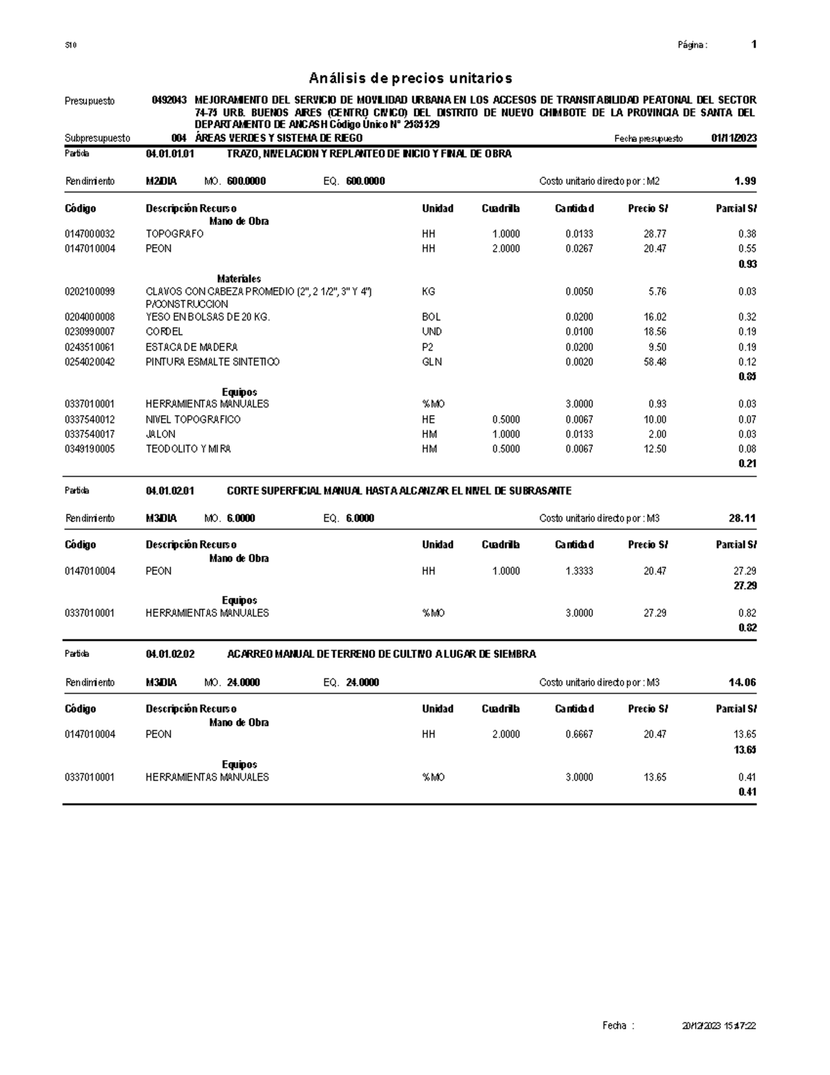 Presupuesto APU: Áreas Verdes y Sistema de Riego (0492043) - Document Preview