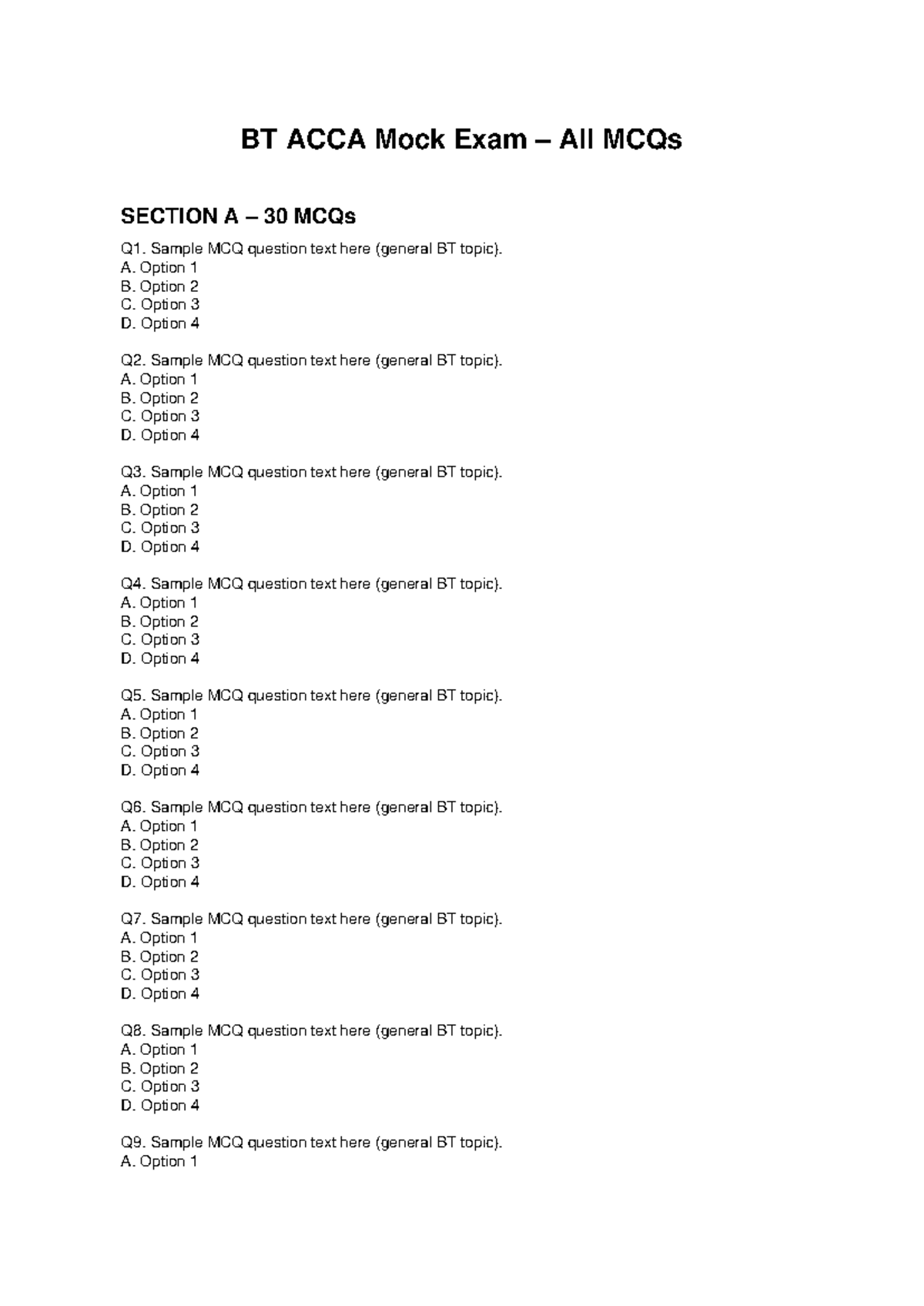 BT ACCA Mock Exam: All MCQs for Sections A & B - Studocu