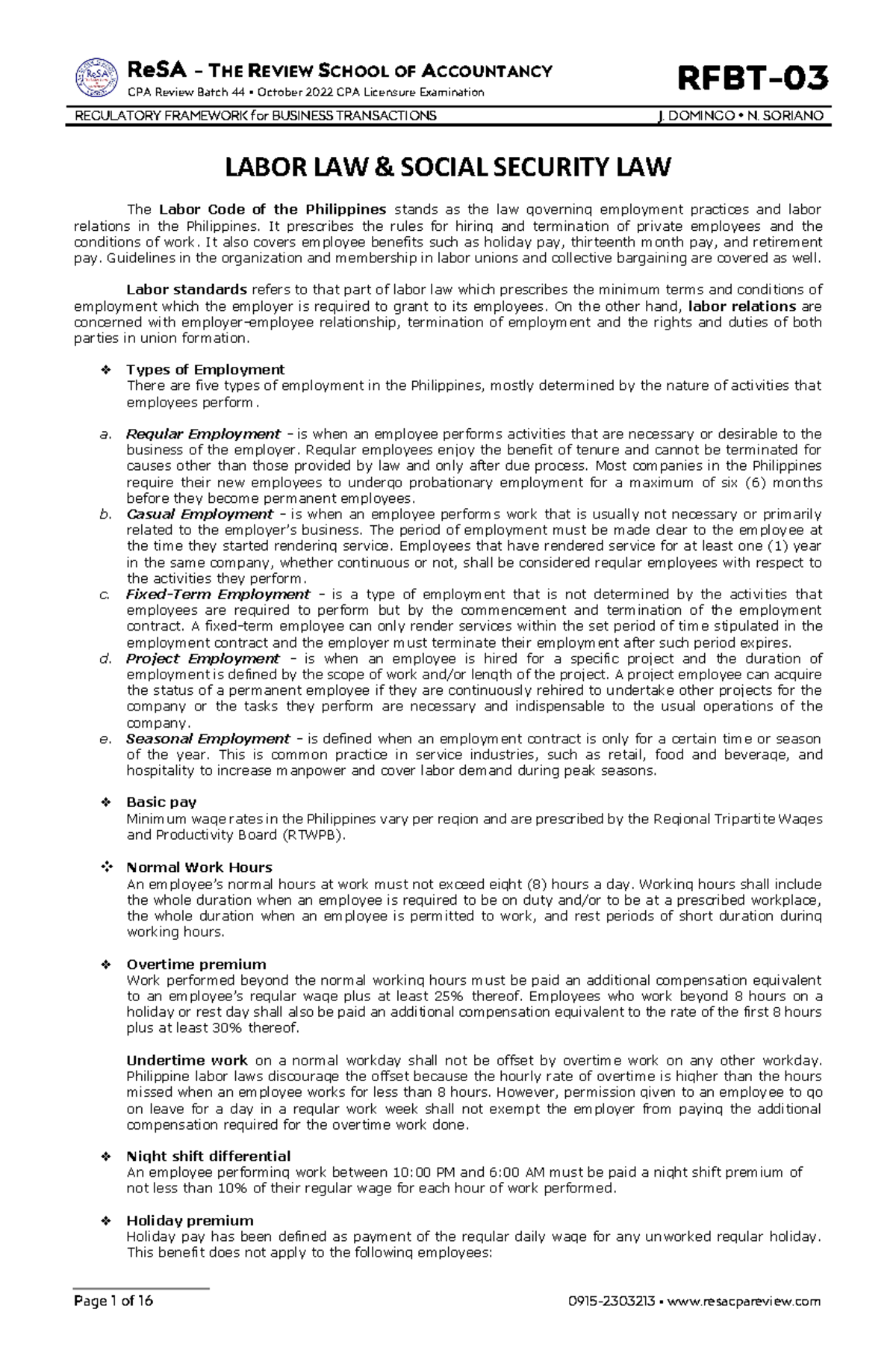 RFBT Labor Law and Social Security Regulations Overview - Studocu