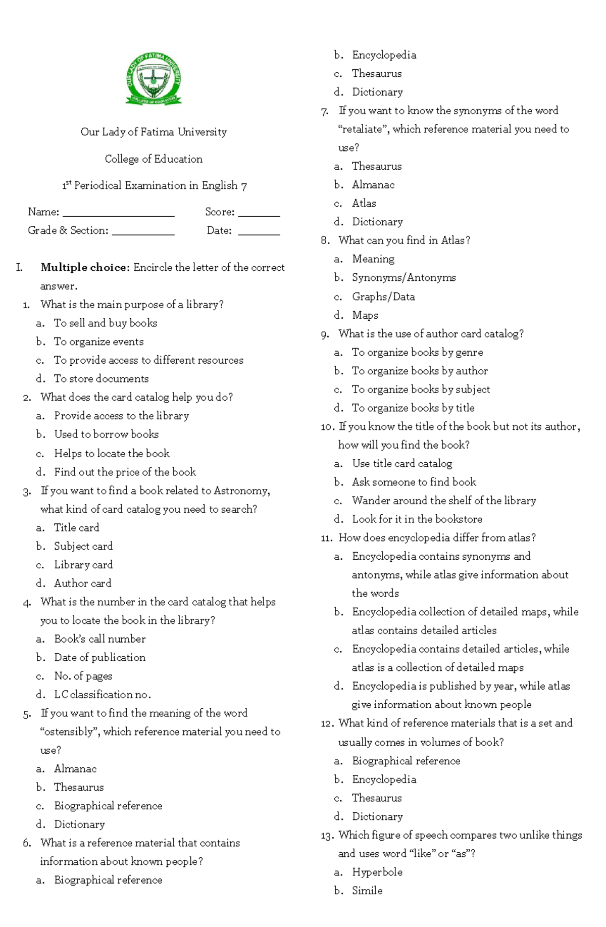 ASLR-TEST- Draft - English 7 Periodical Exam Format and TOS - Studocu