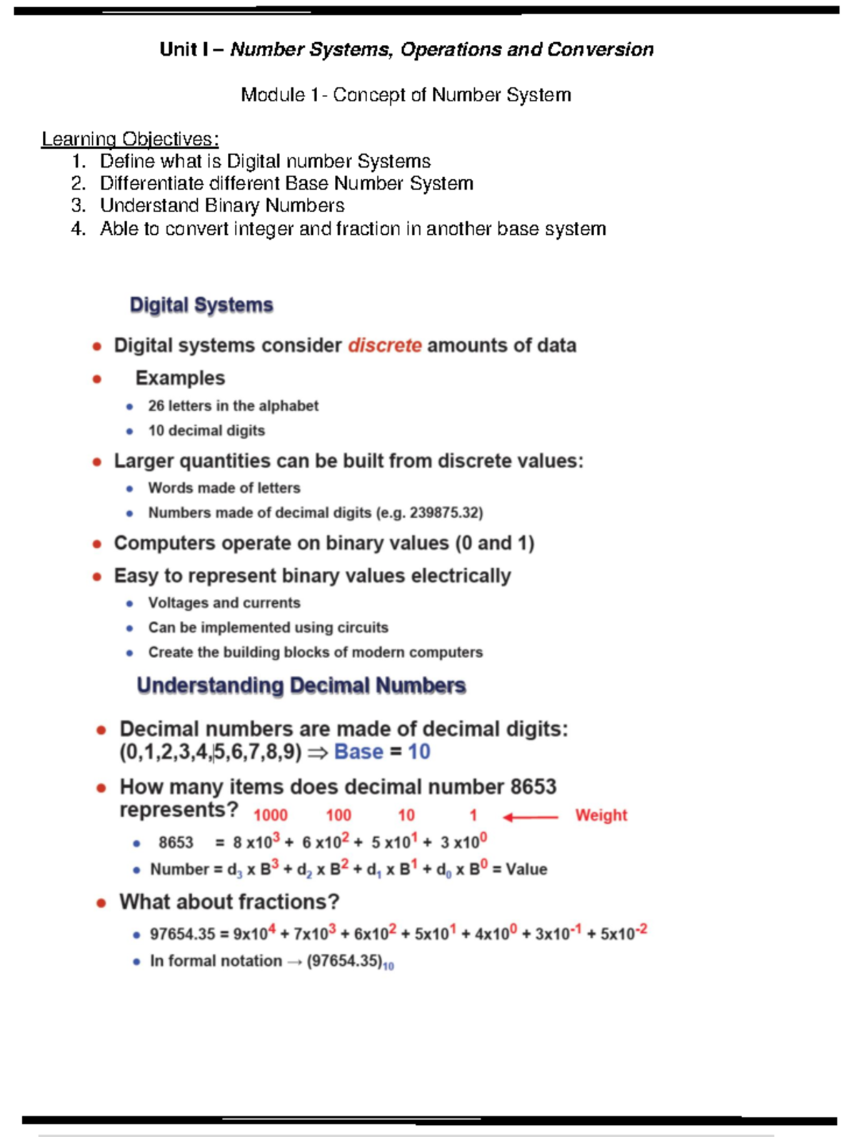 Module 1- Concept of Number System - Unit I – Number Systems ...