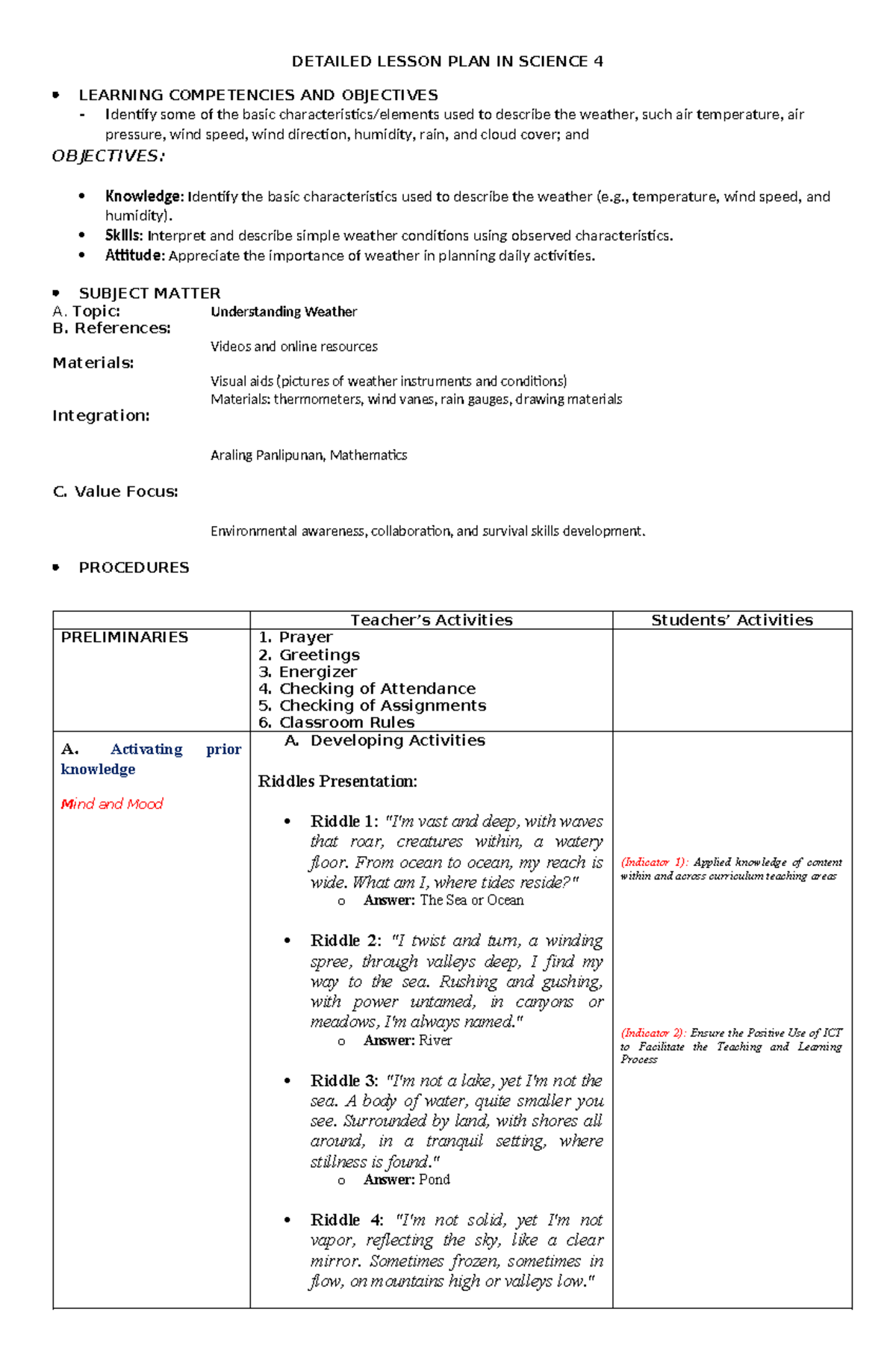 840005203 Detailed Lesson Plan: Understanding Weather in Science 4 ...