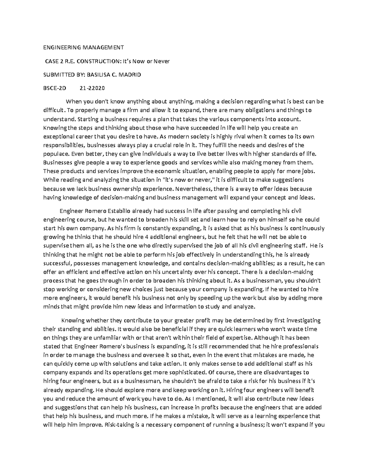 MANAGEMENT -CASE Study-2 - ENGINEERING MANAGEMENT CASE 2 R ...