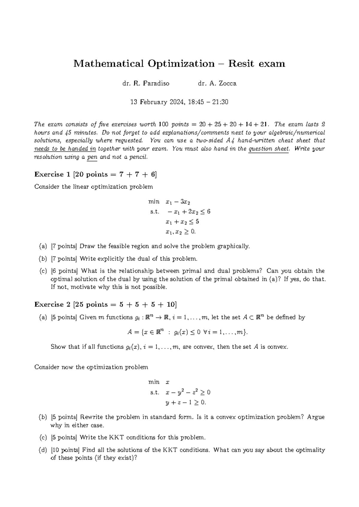 Mathematical Optimization Resit Exam - Feb 13, 2024 (Dr. R. Paradiso ...