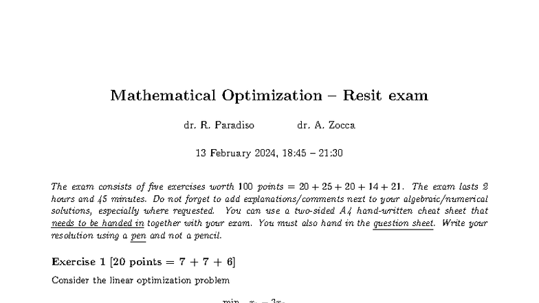 Mathematical Optimization Resit Exam - Feb 13, 2024 (Dr. R. Paradiso ...
