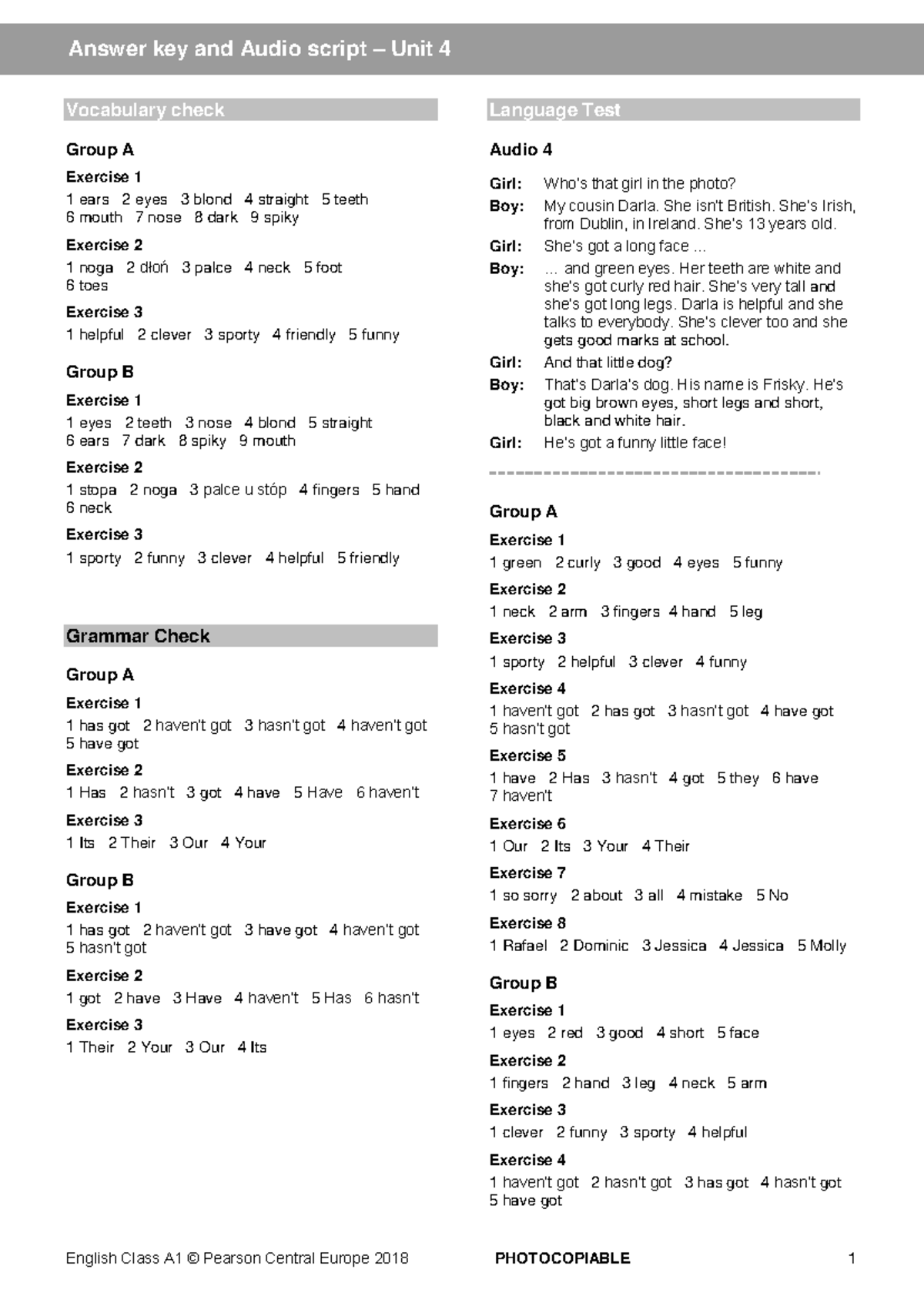 ECA1 Unit 4 Answer Key & Audio Script - Vocabulary & Grammar - Studocu