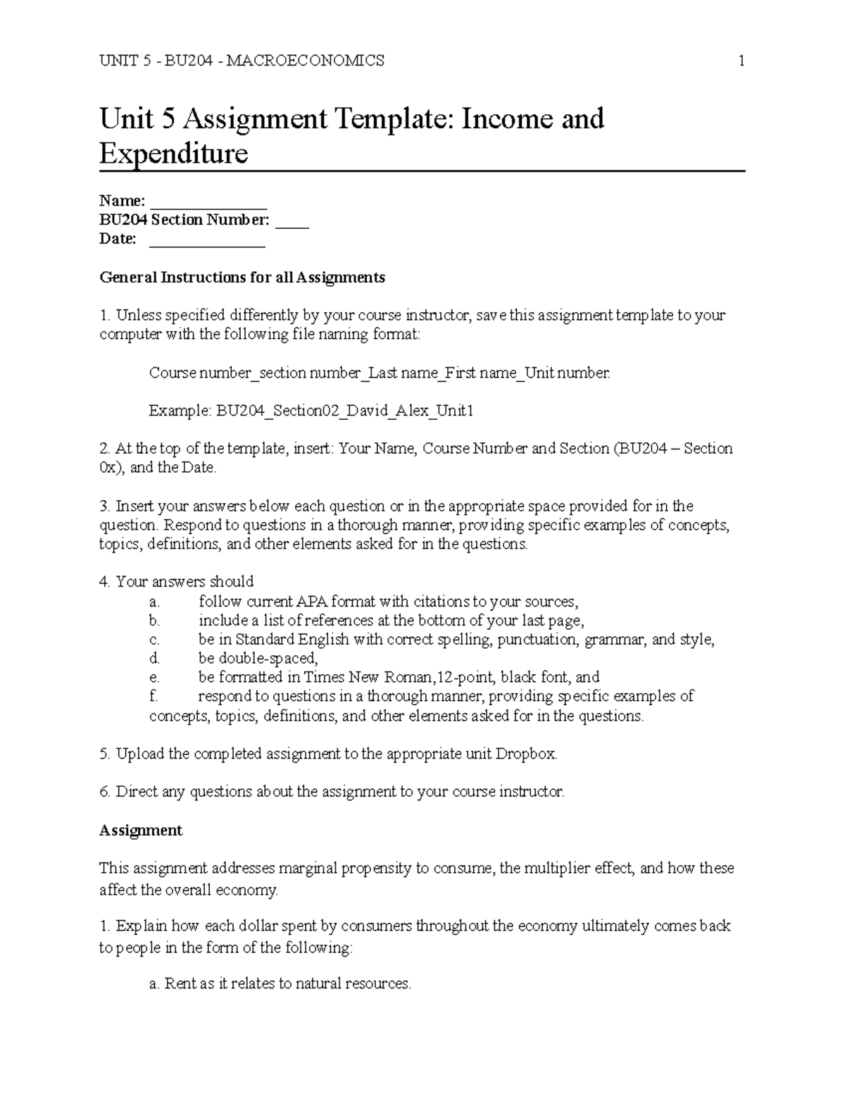 BU204 Unit5 Assignment Template - UNIT 5 - BU204 - MACROECONOMICS 1 ...