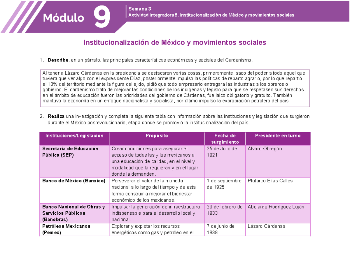 Institucionalización de México y movimientos sociales - Actividad