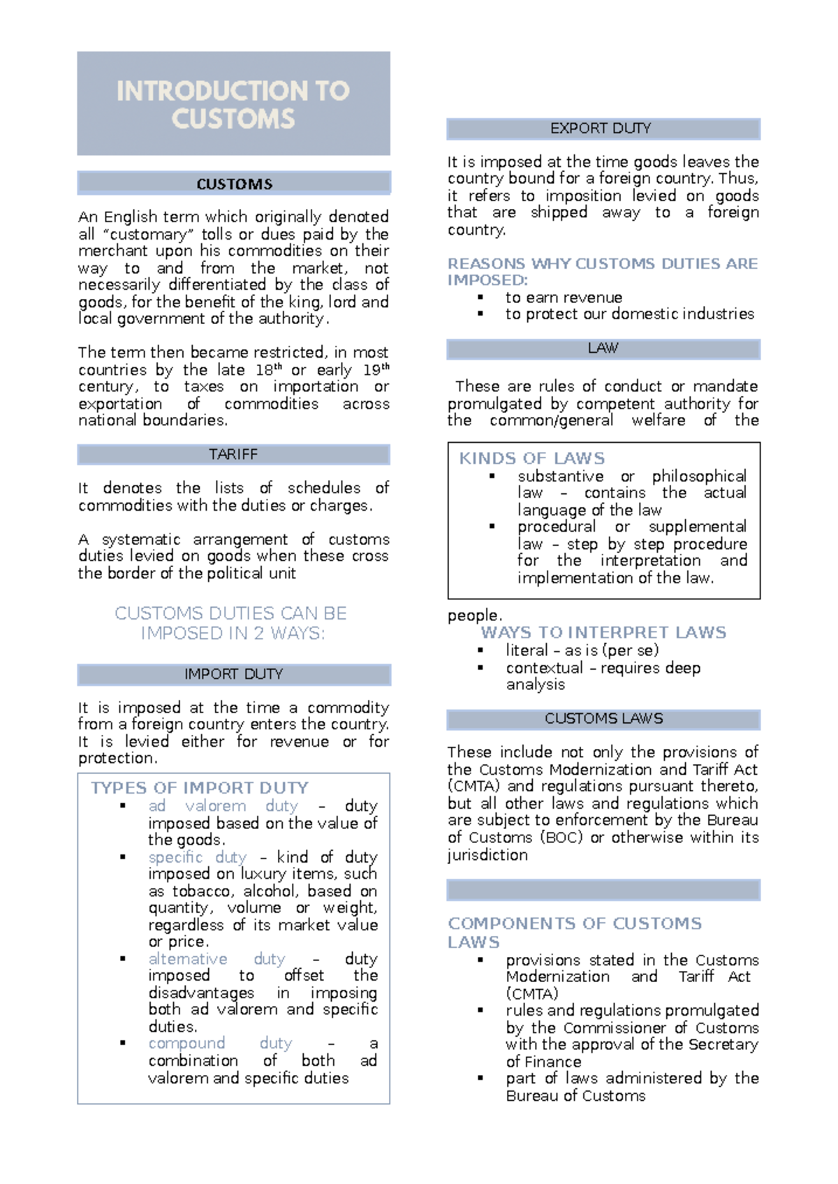 Customs Laws & Duties Overview - Intro-to-Sec 103 (CMTA) - Studocu